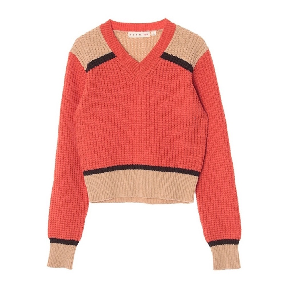 Marni x Uniqlo V-Neck Waffle Knit Sweater - Orange & Tan